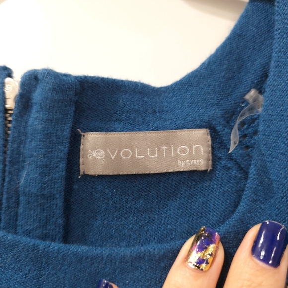 EVOLUTION BY CYRUS Teal Blue Soft Knit Sweater, Viscose Blend, Open Knit Details - Picture 9 of 14